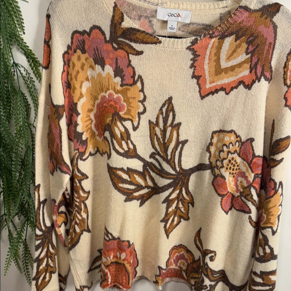 CeCe Floral Knit Sweater - Cream and Brown